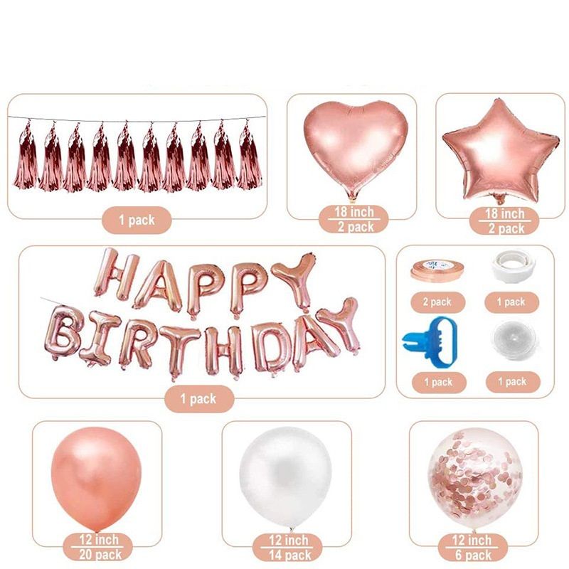 Rose Gold Happy Birthday Balloon Decoration Kit - Foil Letter Balloons, Confetti Latex Balloons, Tassel Garland, Heart & Star Shapes - Complete Party Backdrop Set for Women, Girls, Bridal Shower, Photo Booth - Easy Setup Party Supplies