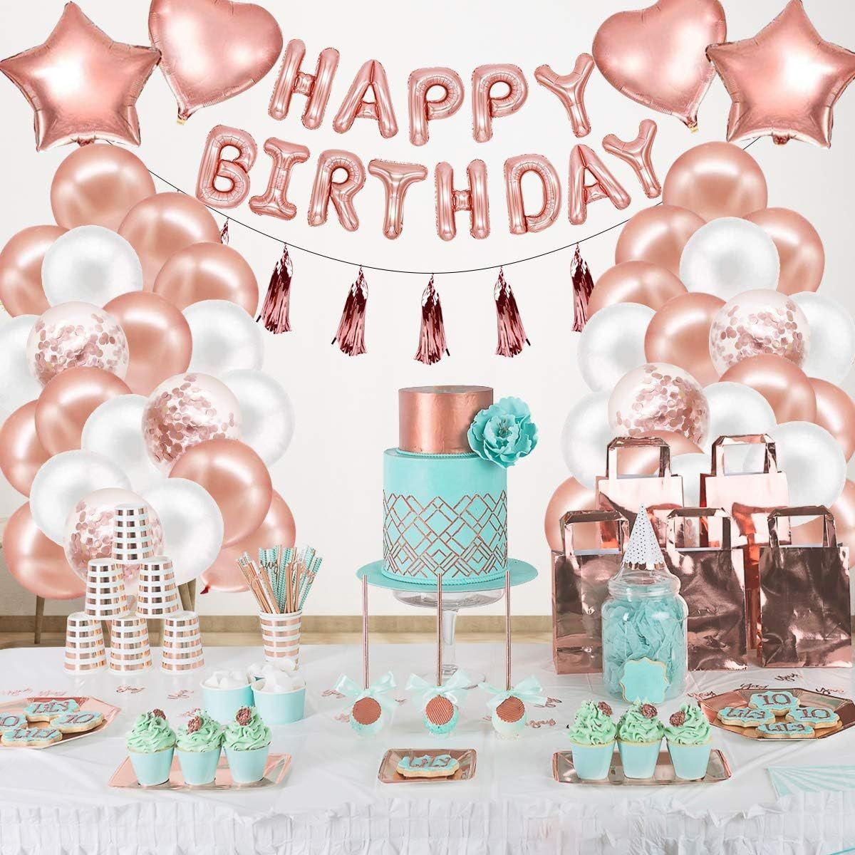 Rose Gold Happy Birthday Balloon Decoration Kit - Foil Letter Balloons, Confetti Latex Balloons, Tassel Garland, Heart & Star Shapes - Complete Party Backdrop Set for Women, Girls, Bridal Shower, Photo Booth - Easy Setup Party Supplies