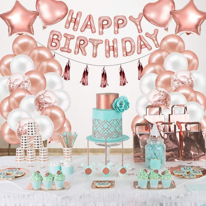 Rose Gold Happy Birthday Balloon Decoration Kit - Foil Letter Balloons, Confetti Latex Balloons, Tassel Garland, Heart & Star Shapes - Complete Party Backdrop Set for Women, Girls, Bridal Shower, Photo Booth - Easy Setup Party Supplies