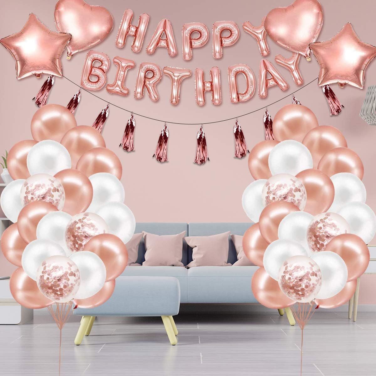 Rose Gold Happy Birthday Balloon Decoration Kit - Foil Letter Balloons, Confetti Latex Balloons, Tassel Garland, Heart & Star Shapes - Complete Party Backdrop Set for Women, Girls, Bridal Shower, Photo Booth - Easy Setup Party Supplies