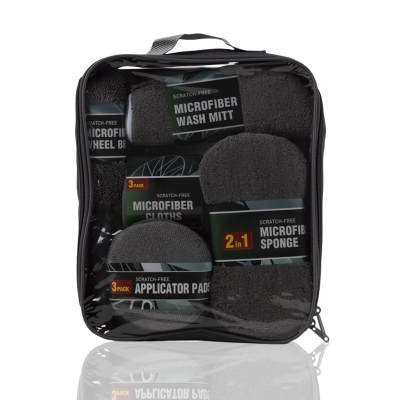 9-Piece Grey Car cleaning kit - Microfibre Wash Mitt, Sponge, Wheel Brush, Waxing Pads & Towels - Complete Auto Detailing Set for Home & Garage Use
