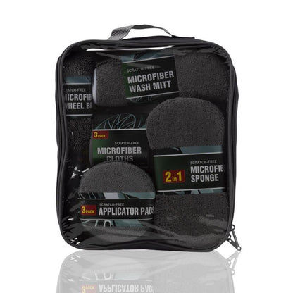 9-Piece Grey Car cleaning kit - Microfibre Wash Mitt, Sponge, Wheel Brush, Waxing Pads & Towels - Complete Auto Detailing Set for Home & Garage Use