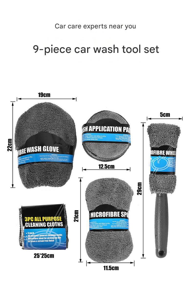 9-Piece Grey Car cleaning kit - Microfibre Wash Mitt, Sponge, Wheel Brush, Waxing Pads & Towels - Complete Auto Detailing Set for Home & Garage Use