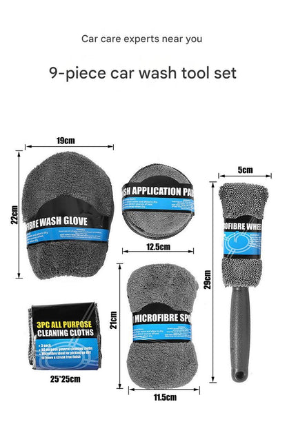 9-Piece Grey Car cleaning kit - Microfibre Wash Mitt, Sponge, Wheel Brush, Waxing Pads & Towels - Complete Auto Detailing Set for Home & Garage Use