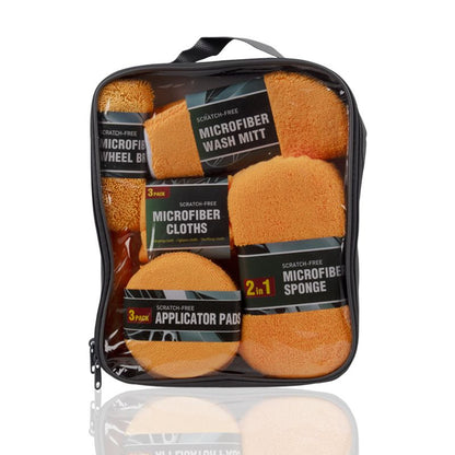 9-Piece Orange Car cleaning kit- Microfibre Wash Mitt, Sponge, Wheel Brush, Waxing Pads & Towels - Complete Auto Detailing Set for Home & Garage Use