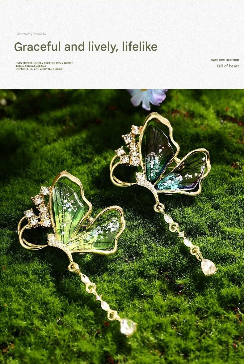 Purple Butterfly Brooch - Green Enamel Crystal Tassel Pin - Elegant Alloy Jewelry for Women, Gift for Mom, Teacher, Friend, Birthday, Valentine's Day, Mother's Day