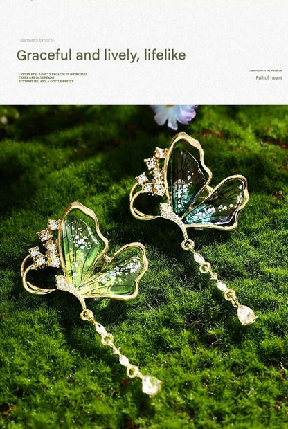 Purple Butterfly Brooch - Green Enamel Crystal Tassel Pin - Elegant Alloy Jewelry for Women, Gift for Mom, Teacher, Friend, Birthday, Valentine's Day, Mother's Day