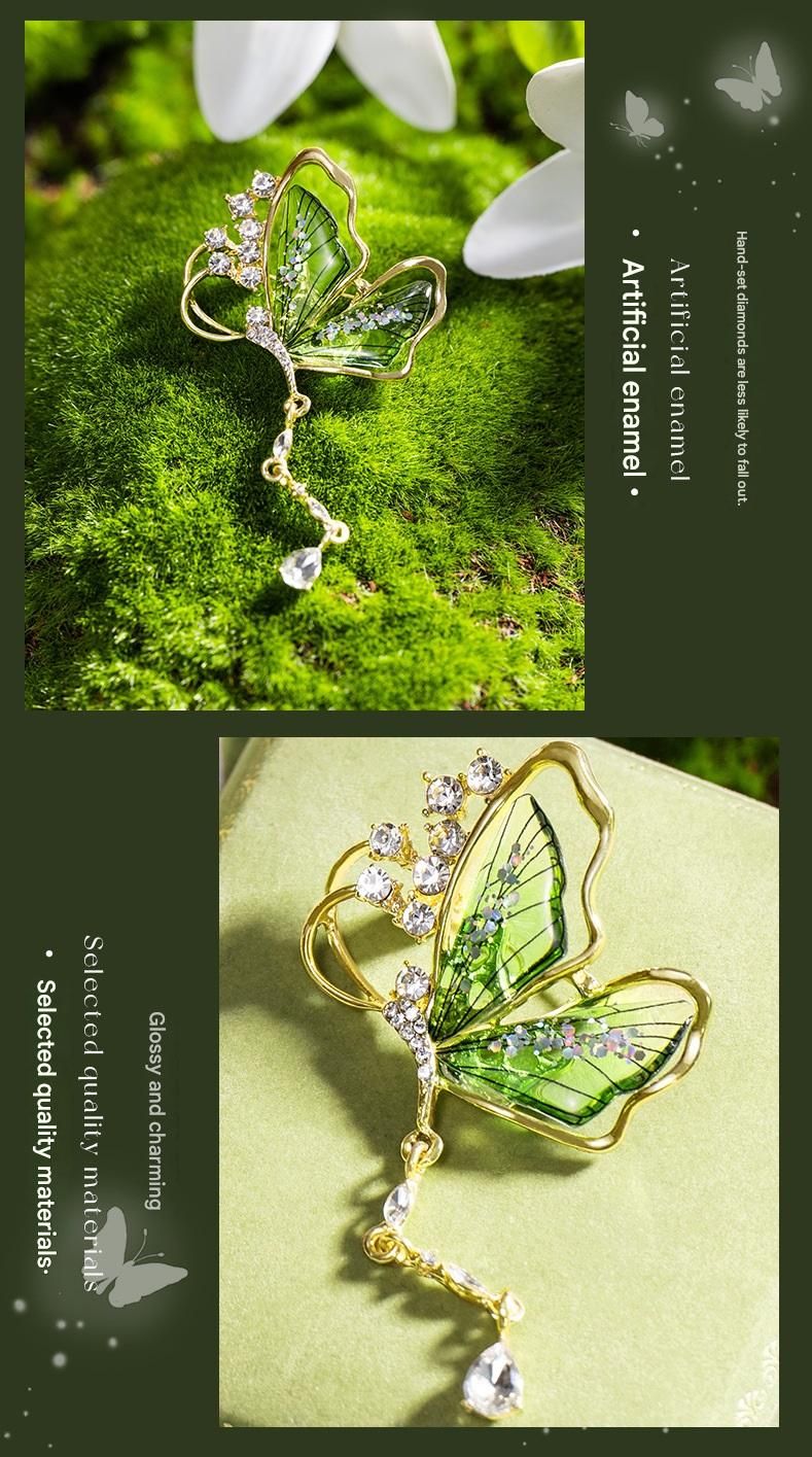 Purple Butterfly Brooch - Green Enamel Crystal Tassel Pin - Elegant Alloy Jewelry for Women, Gift for Mom, Teacher, Friend, Birthday, Valentine's Day, Mother's Day