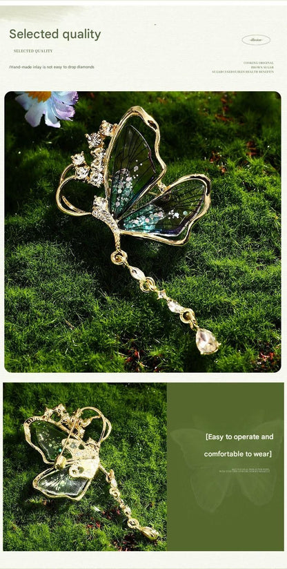 Purple Butterfly Brooch - Green Enamel Crystal Tassel Pin - Elegant Alloy Jewelry for Women, Gift for Mom, Teacher, Friend, Birthday, Valentine's Day, Mother's Day