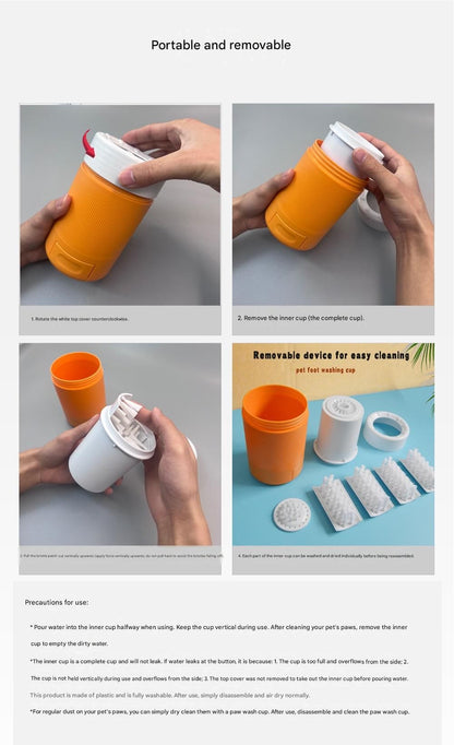 Orange Pet Paw Cleaner Cup - Portable Dog Foot Washer with Soft Silicone Bristles - Easy Clean, Detachable Design for Small to Medium Dogs & Cats