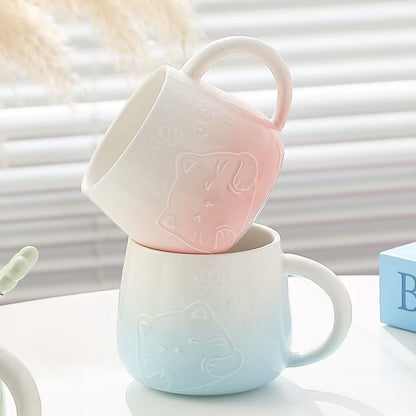 Pink Gradient Cat Ceramic Mug with Lid and Spoon - 400ml Porcelain Coffee Cup - Adorable 3D Cat Design, Pastel Colour, Gift Box Included - Ideal for Home, Office, or as a Present for Women and Cat Lovers