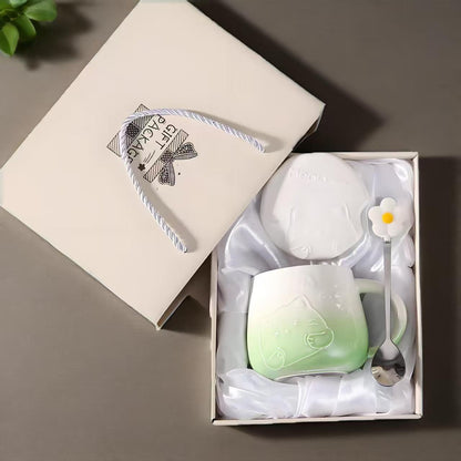 Green Gradient Cat Ceramic Mug with Lid and Spoon - 400ml Porcelain Coffee Cup - Adorable 3D Cat Design, Pastel Colour, Gift Box Included - Ideal for Home, Office, or as a Present for Women and Cat Lovers