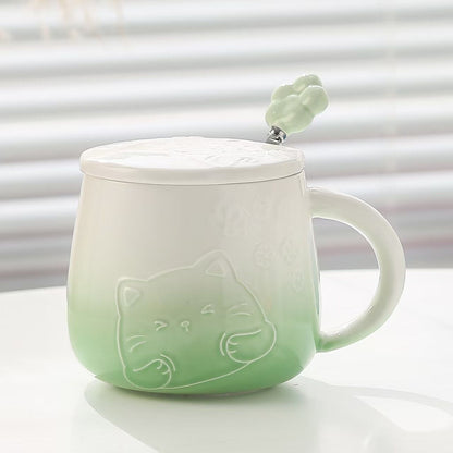 Green Gradient Cat Ceramic Mug with Lid and Spoon - 400ml Porcelain Coffee Cup - Adorable 3D Cat Design, Pastel Colour, Gift Box Included - Ideal for Home, Office, or as a Present for Women and Cat Lovers