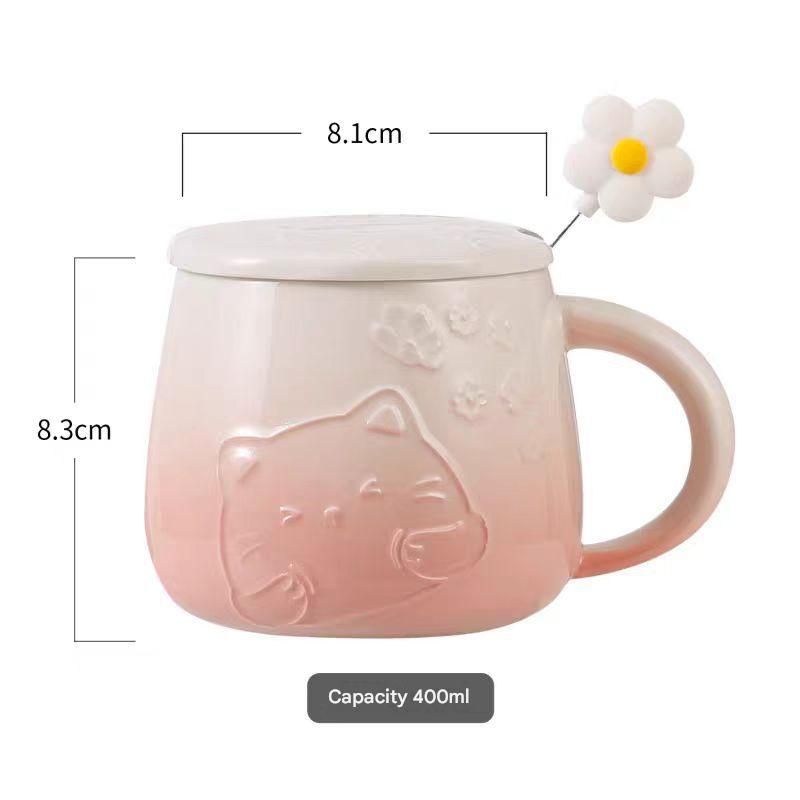 Green Gradient Cat Ceramic Mug with Lid and Spoon - 400ml Porcelain Coffee Cup - Adorable 3D Cat Design, Pastel Colour, Gift Box Included - Ideal for Home, Office, or as a Present for Women and Cat Lovers