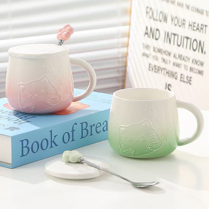 Yellow Gradient Cat Ceramic Mug with Lid and Spoon - 400ml Porcelain Coffee Cup - Adorable 3D Cat Design, Pastel Colour, Gift Box Included - Ideal for Home, Office, or as a Present for Women and Cat Lovers