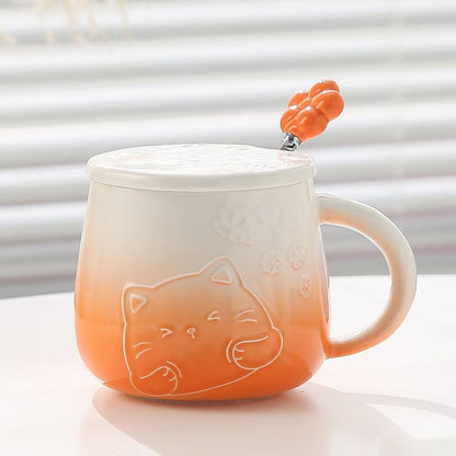 Yellow Gradient Cat Ceramic Mug with Lid and Spoon - 400ml Porcelain Coffee Cup - Adorable 3D Cat Design, Pastel Colour, Gift Box Included - Ideal for Home, Office, or as a Present for Women and Cat Lovers