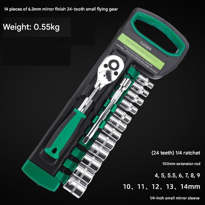 Green 14-Piece 1/4-Inch Drive 24-Tooth Ratchet & Socket Set — High-Carbon Steel, Mirror-Polished Socket Wrench Tool Kit — Automotive Repair Tool Set with Quick-Release Ratchet — Ideal for Car Maintenance, Mechanical Repairs, and DIY Projects