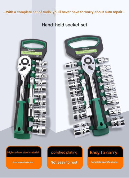 Green 14-Piece 1/4-Inch Drive 24-Tooth Ratchet & Socket Set — High-Carbon Steel, Mirror-Polished Socket Wrench Tool Kit — Automotive Repair Tool Set with Quick-Release Ratchet — Ideal for Car Maintenance, Mechanical Repairs, and DIY Projects