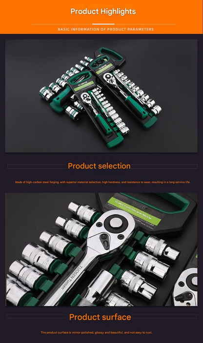 Green 14-Piece 1/4-Inch Drive 24-Tooth Ratchet & Socket Set — High-Carbon Steel, Mirror-Polished Socket Wrench Tool Kit — Automotive Repair Tool Set with Quick-Release Ratchet — Ideal for Car Maintenance, Mechanical Repairs, and DIY Projects