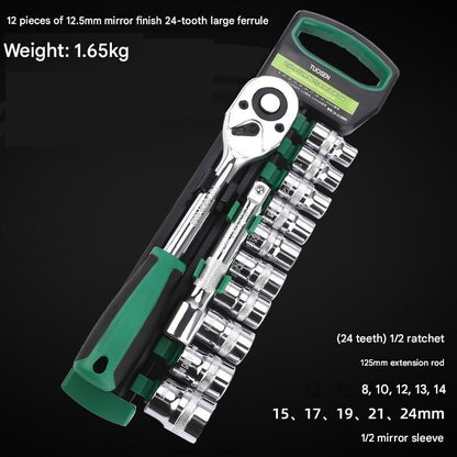 Green 12-Piece 1/2-Inch Drive 24-Tooth Ratchet & Socket Set — High-Carbon Steel, Mirror-Polished Socket Wrench Tool Kit — Automotive Repair Tool Set with Quick-Release Ratchet — Ideal for Car Maintenance, Mechanical Repairs, and DIY Projects