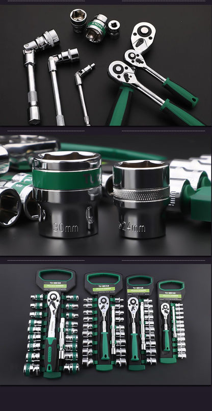 Green 12-Piece 1/2-Inch Drive 24-Tooth Ratchet & Socket Set — High-Carbon Steel, Mirror-Polished Socket Wrench Tool Kit — Automotive Repair Tool Set with Quick-Release Ratchet — Ideal for Car Maintenance, Mechanical Repairs, and DIY Projects