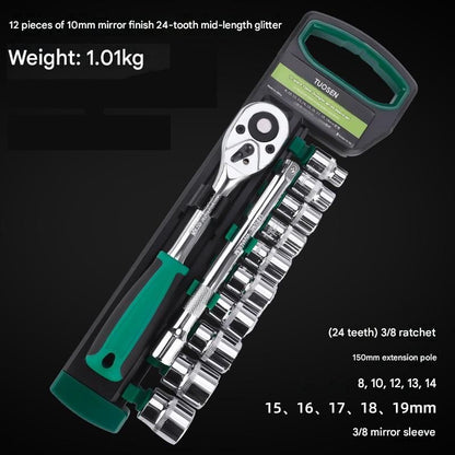 Green 12-Piece 3/8-Inch Drive 24-Tooth Ratchet & Socket Set — High-Carbon Steel, Mirror-Polished Socket Wrench Tool Kit — Automotive Repair Tool Set with Quick-Release Ratchet — Ideal for Car Maintenance, Mechanical Repairs, and DIY Projects