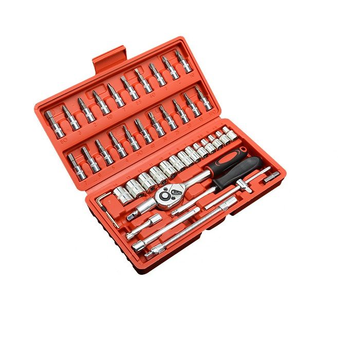 46-Piece Automotive Repair Tool Set - Carbon Steel Ratchet Wrench Socket Kit - 1/4 Inch Drive with Extension Bars, Universal Joint, and Multi-Bit Screwdriver Heads - Compact Storage Case for Car Maintenance, Machinery Repair, and DIY Projects