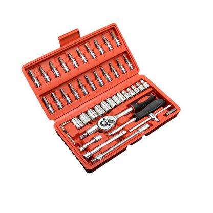 46-Piece Automotive Repair Tool Set - Carbon Steel Ratchet Wrench Socket Kit - 1/4 Inch Drive with Extension Bars, Universal Joint, and Multi-Bit Screwdriver Heads - Compact Storage Case for Car Maintenance, Machinery Repair, and DIY Projects