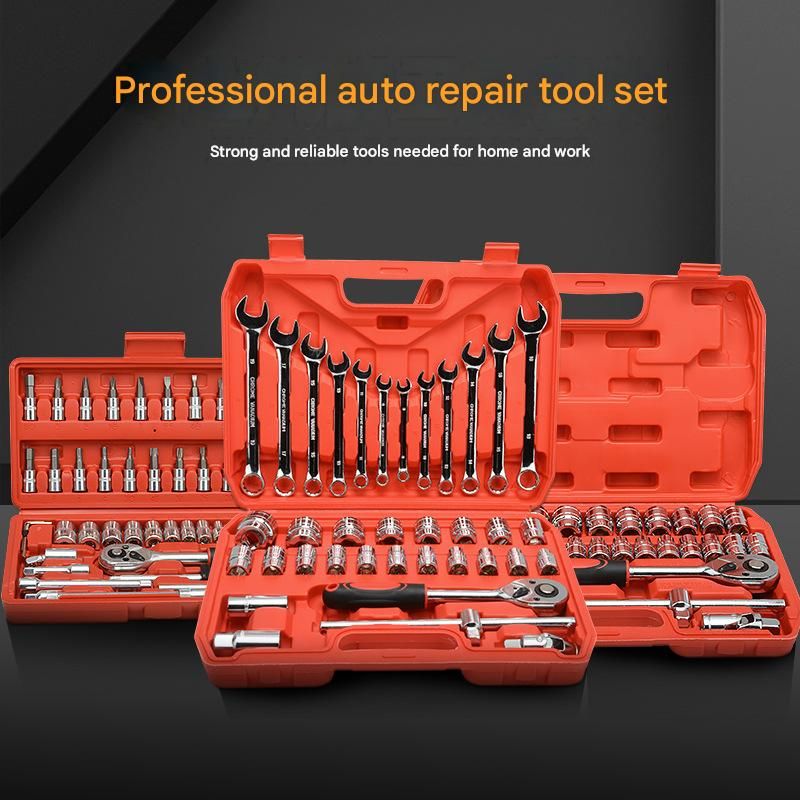 46-Piece Automotive Repair Tool Set - Carbon Steel Ratchet Wrench Socket Kit - 1/4 Inch Drive with Extension Bars, Universal Joint, and Multi-Bit Screwdriver Heads - Compact Storage Case for Car Maintenance, Machinery Repair, and DIY Projects