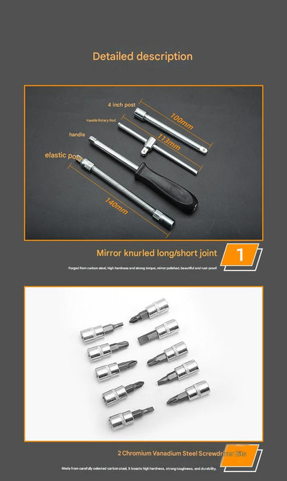46-Piece Automotive Repair Tool Set - Carbon Steel Ratchet Wrench Socket Kit - 1/4 Inch Drive with Extension Bars, Universal Joint, and Multi-Bit Screwdriver Heads - Compact Storage Case for Car Maintenance, Machinery Repair, and DIY Projects
