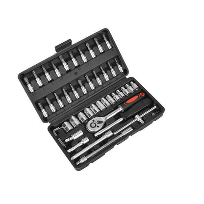 46-Piece Automotive Repair Tool Set - Carbon Steel Ratchet Wrench Socket Kit - 1/4 Inch Drive with Extension Bars, Universal Joint, and Multi-Bit Screwdriver Heads - Compact Storage Case for Car Maintenance, Machinery Repair, and DIY Projects
