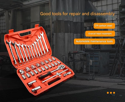 46-Piece Automotive Repair Tool Set - Carbon Steel Ratchet Wrench Socket Kit - 1/4 Inch Drive with Extension Bars, Universal Joint, and Multi-Bit Screwdriver Heads - Compact Storage Case for Car Maintenance, Machinery Repair, and DIY Projects