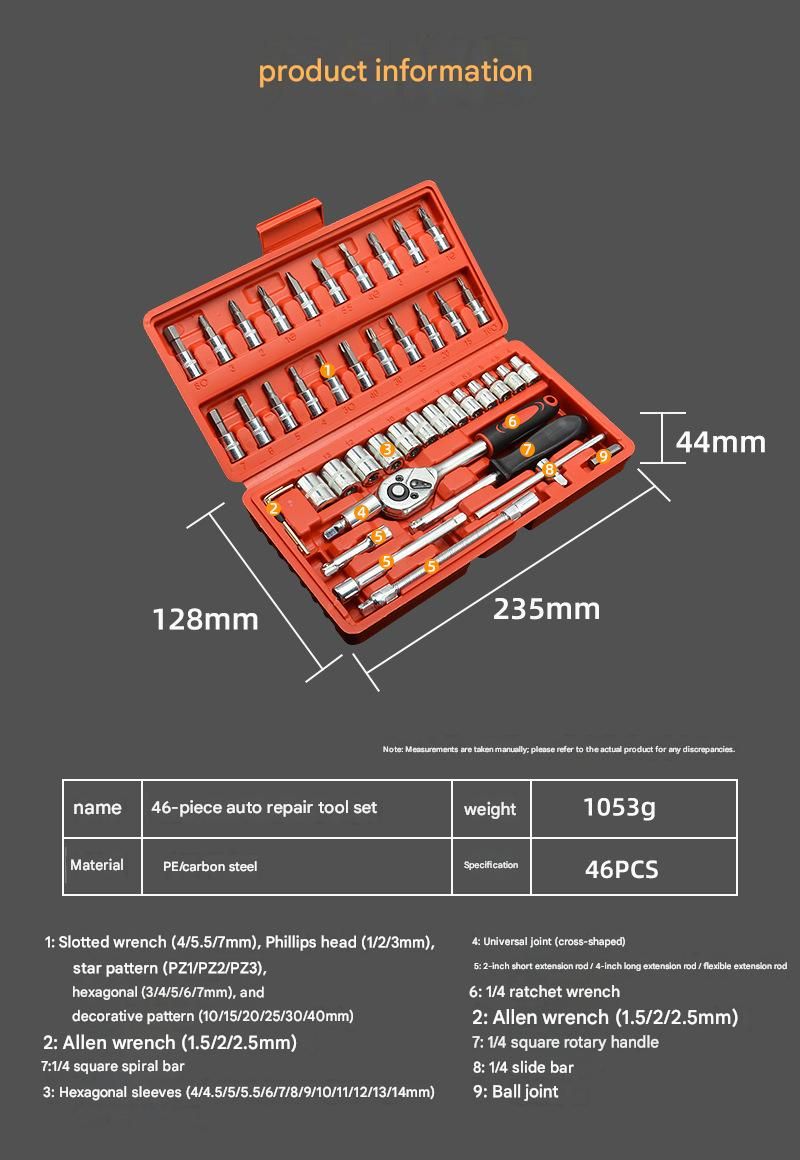 46-Piece Automotive Repair Tool Set - Carbon Steel Ratchet Wrench Socket Kit - 1/4 Inch Drive with Extension Bars, Universal Joint, and Multi-Bit Screwdriver Heads - Compact Storage Case for Car Maintenance, Machinery Repair, and DIY Projects