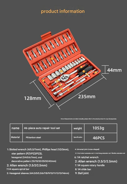 46-Piece Automotive Repair Tool Set - Carbon Steel Ratchet Wrench Socket Kit - 1/4 Inch Drive with Extension Bars, Universal Joint, and Multi-Bit Screwdriver Heads - Compact Storage Case for Car Maintenance, Machinery Repair, and DIY Projects