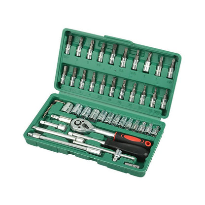 46-Piece Automotive Repair Tool Set - Carbon Steel Ratchet Wrench Socket Kit - 1/4 Inch Drive with Extension Bars, Universal Joint, and Multi-Bit Screwdriver Heads - Compact Storage Case for Car Maintenance, Machinery Repair, and DIY Projects
