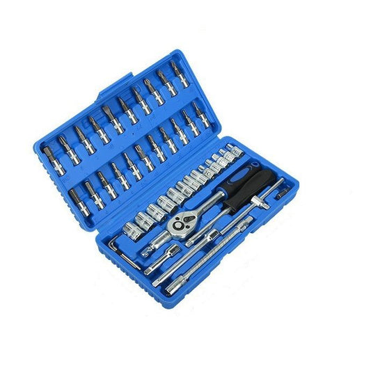 46-Piece Automotive Repair Tool Set - Carbon Steel Ratchet Wrench Socket Kit - 1/4 Inch Drive with Extension Bars, Universal Joint, and Multi-Bit Screwdriver Heads - Compact Storage Case for Car Maintenance, Machinery Repair, and DIY Projects