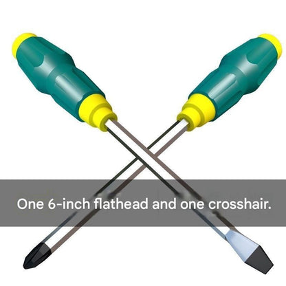 2-piece Green One 6-inch Phillips screwdriver and one 6-inch flathead screwdriver  Impact-Resistant Magnetic Screwdriver with Through-Tang Shaft — Chrome Vanadium Steel Bit, Ergonomic Non-Slip Handle — Ideal for Automotive Repair, Machinery Maintenance, F