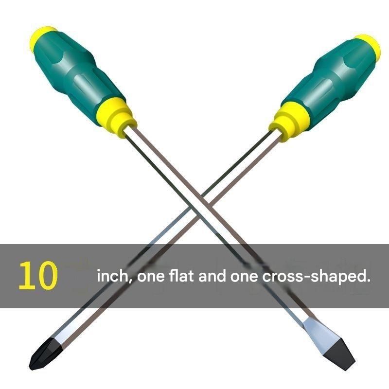 2-piece Green One 10-inch Phillips screwdriver and one 10-inch flathead screwdriver  Impact-Resistant Magnetic Screwdriver with Through-Tang Shaft — Chrome Vanadium Steel Bit, Ergonomic Non-Slip Handle — Ideal for Automotive Repair, Machinery Maintenance,