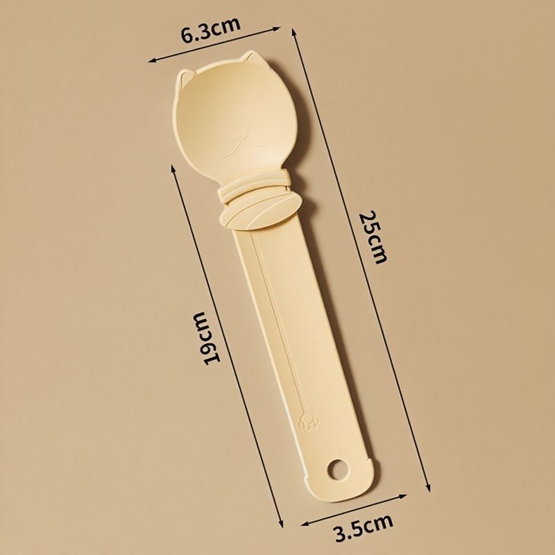 Beige Cat Treat Spoon for Wet Food & Paste - Extra-Long PP Handle, Food-Grade Squeeze Feeder with Anti-Spill Bowl, Easy One-Handed Operation for Cats