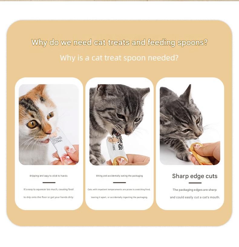 Beige Cat Treat Spoon for Wet Food & Paste - Extra-Long PP Handle, Food-Grade Squeeze Feeder with Anti-Spill Bowl, Easy One-Handed Operation for Cats