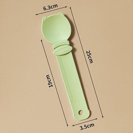 Green Cat Treat Spoon for Wet Food & Paste - Extra-Long PP Handle, Food-Grade Squeeze Feeder with Anti-Spill Bowl, Easy One-Handed Operation for Cats