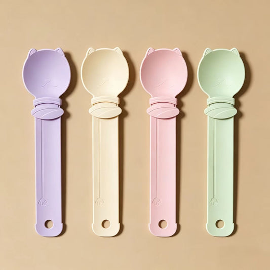 4-piece Beige and Pink and Green and Purple- Cat Treat Spoon for Wet Food & Paste - Extra-Long PP Handle, Food-Grade Squeeze Feeder with Anti-Spill Bowl, Easy One-Handed Operation for Cats