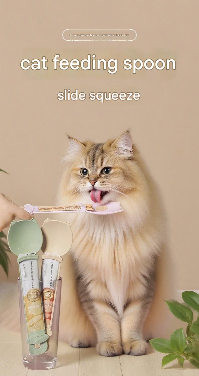4-piece Beige and Pink and Green and Purple- Cat Treat Spoon for Wet Food & Paste - Extra-Long PP Handle, Food-Grade Squeeze Feeder with Anti-Spill Bowl, Easy One-Handed Operation for Cats