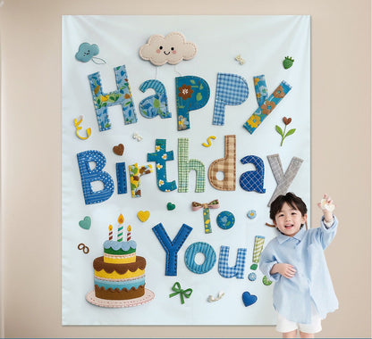 Blue Happy Birthday Backdrop Banner - Reusable Fabric Party Decoration with Colourful Lettering, Photo Background for Birthday, Celebration