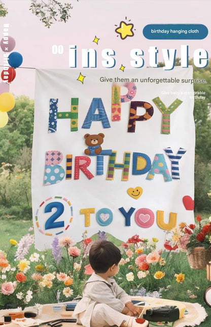 Blue Happy Birthday Backdrop Banner - Reusable Fabric Party Decoration with Colourful Lettering, Photo Background for Birthday, Celebration