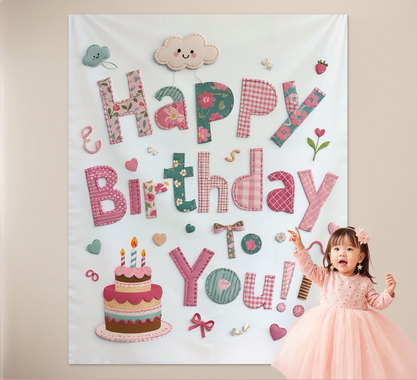 Pink Happy Birthday Backdrop Banner - Reusable Fabric Party Decoration with Colourful Lettering, Photo Background for Birthday,  Celebration