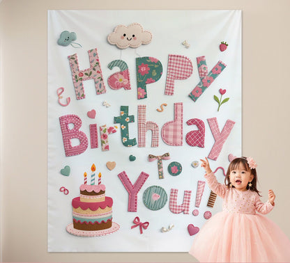 Pink Happy Birthday Backdrop Banner - Reusable Fabric Party Decoration with Colourful Lettering, Photo Background for Birthday,  Celebration