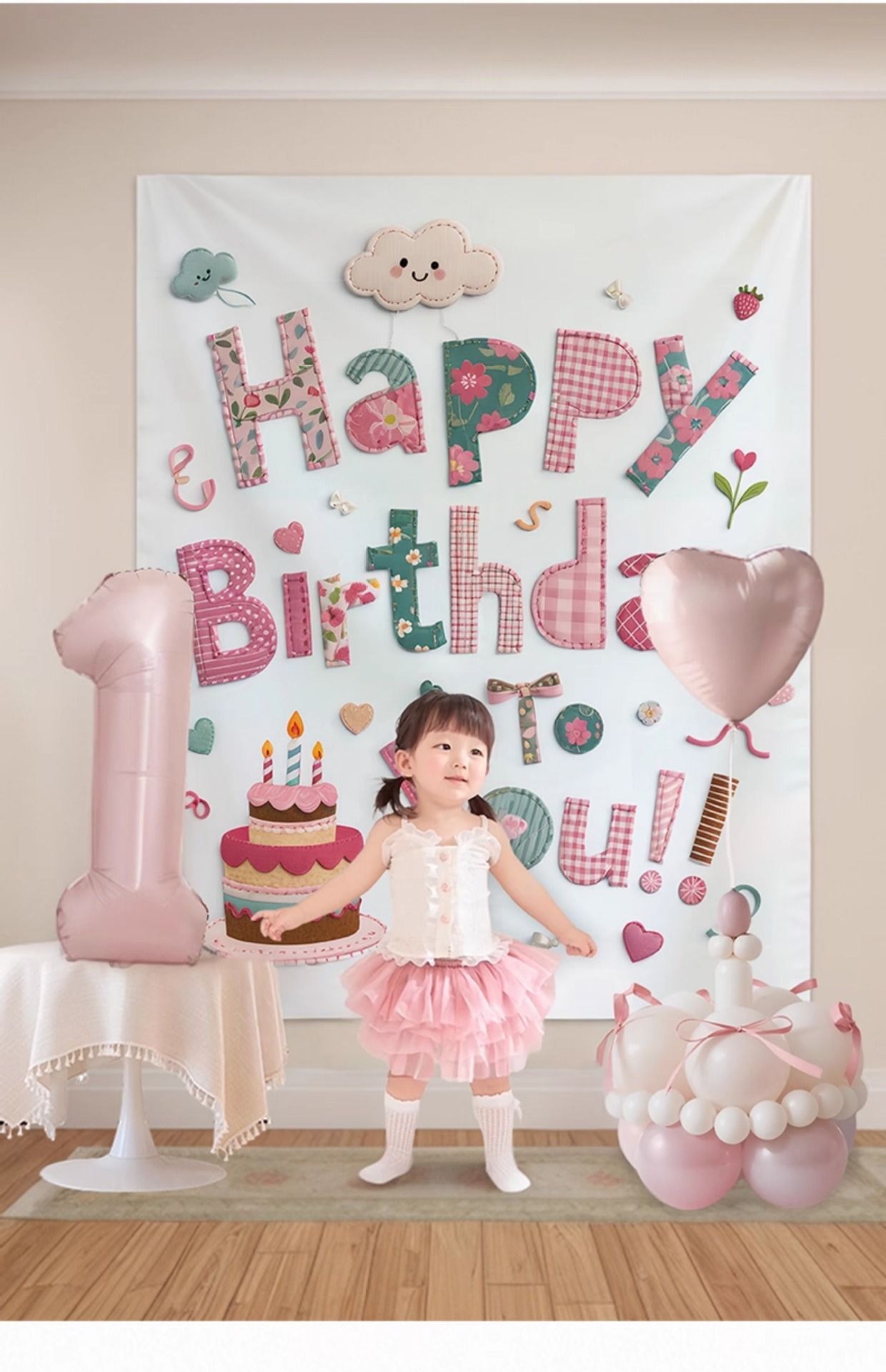 Pink Happy Birthday Backdrop Banner - Reusable Fabric Party Decoration with Colourful Lettering, Photo Background for Birthday,  Celebration