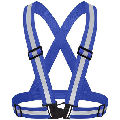 Blue Adjustable Reflective Safety Vest - High Visibility Elastic Straps for Night Running, Cycling & Construction, Lightweight Polyester Reflective Harness for Adults