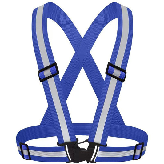 Blue Adjustable Reflective Safety Vest - High Visibility Elastic Straps for Night Running, Cycling & Construction, Lightweight Polyester Reflective Harness for Adults